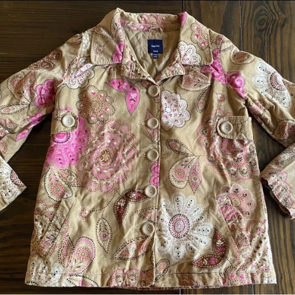 Gap Kids Boho Paisley Corduroy Button Up Jacket Tan Pink Girls XXL 14-16